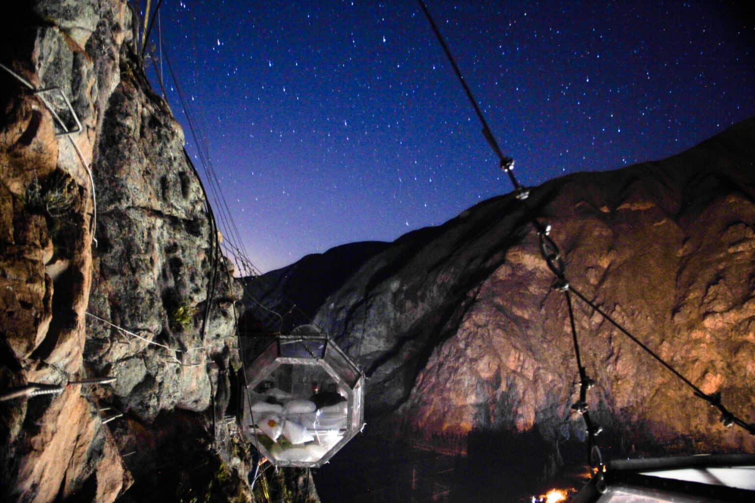 A type of glass pod on ropes in the mountains at Skylodge Adventure Suites in Peru.