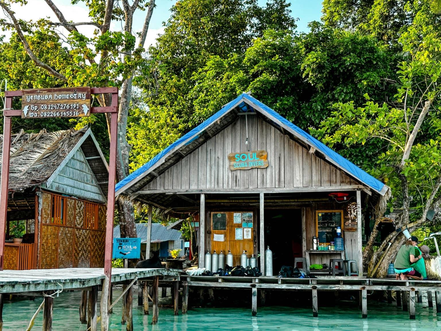 The wooden hut of the Soul Divers dive school in Raja Ampat.