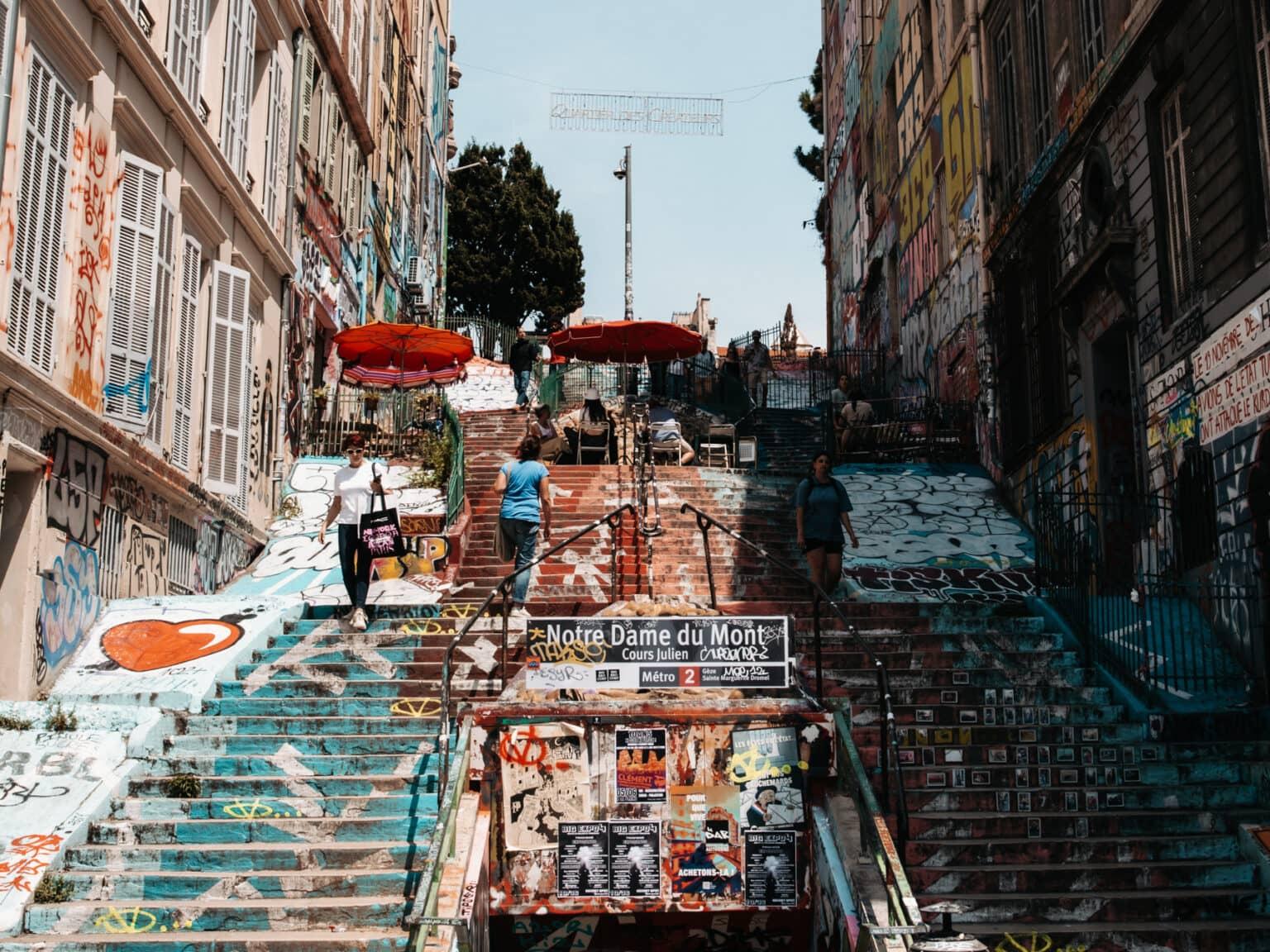 A colorful staircase in the middle of the city of Marseille in Southern France.