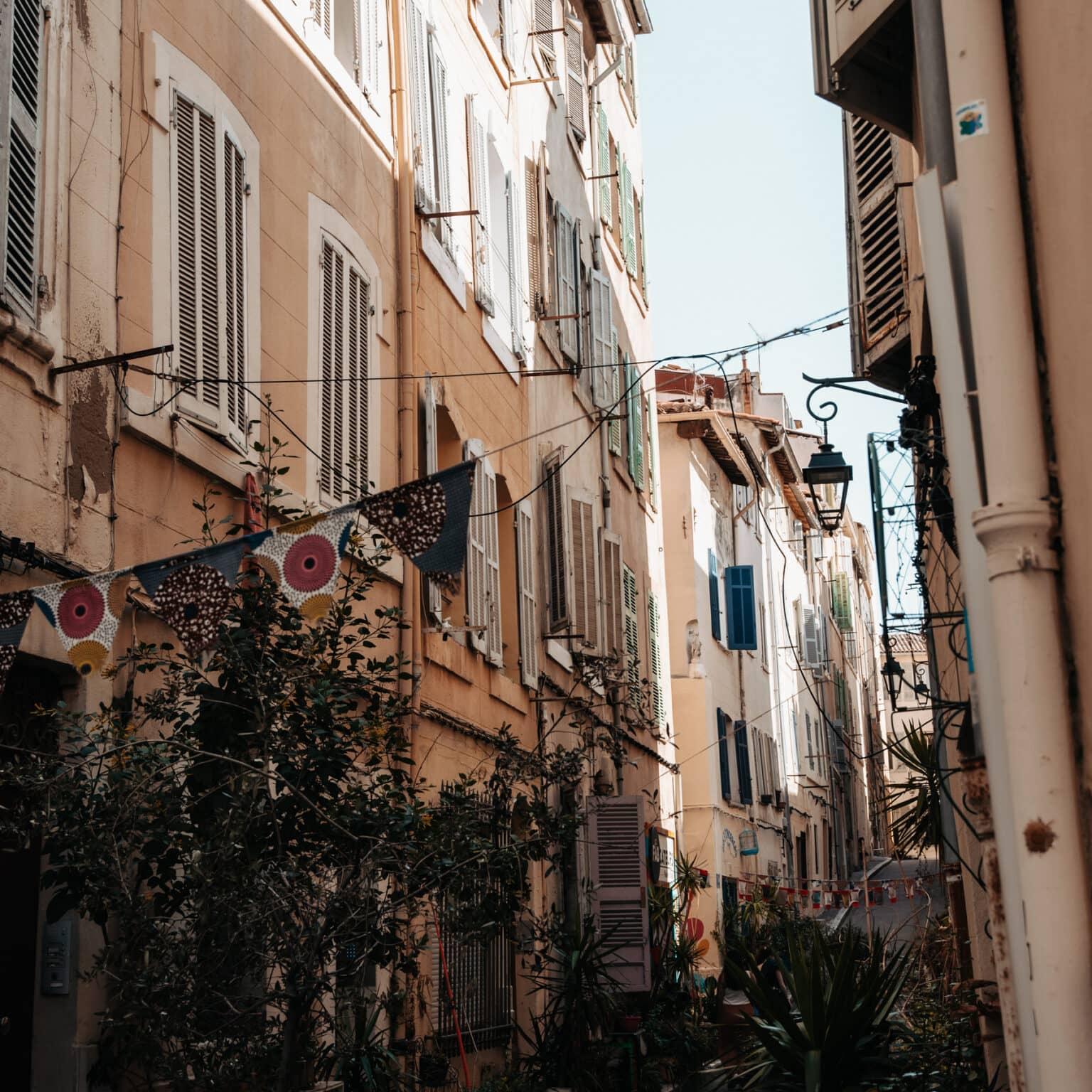 Narrow alleys in the Le Panier district of the city of Marseille.
