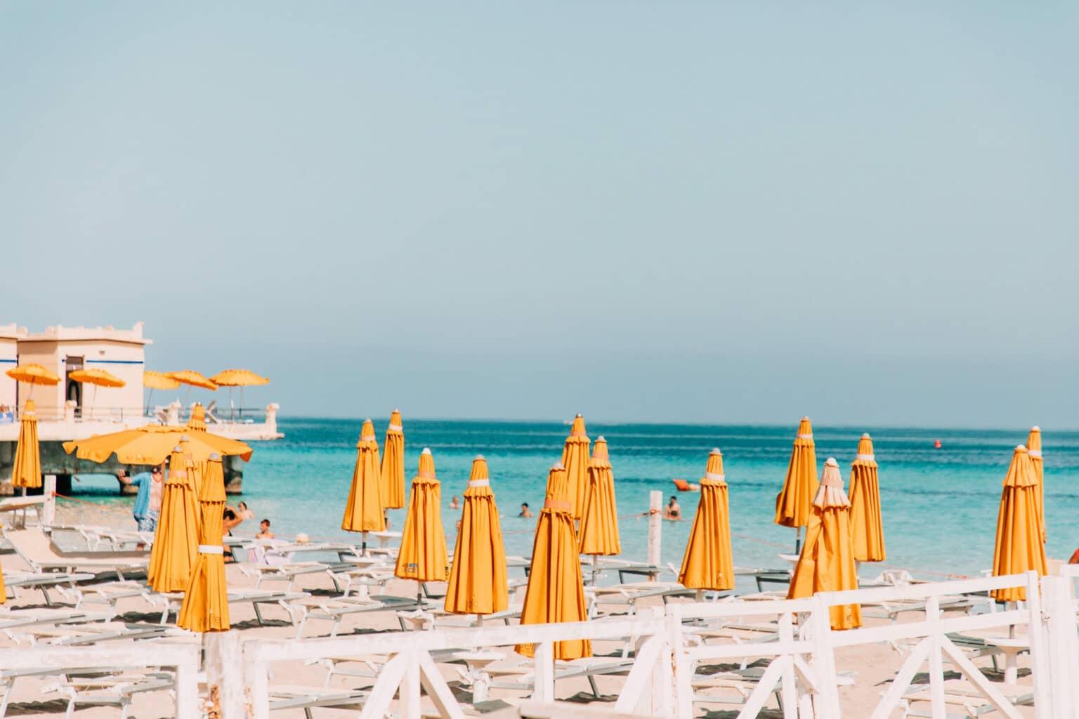 Yellow umbrellas on the beach of Mondello.