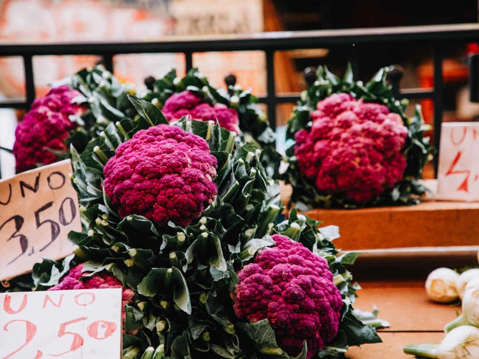 Pink cauliflower at a vegetable market in the city of Catania in Sicily.