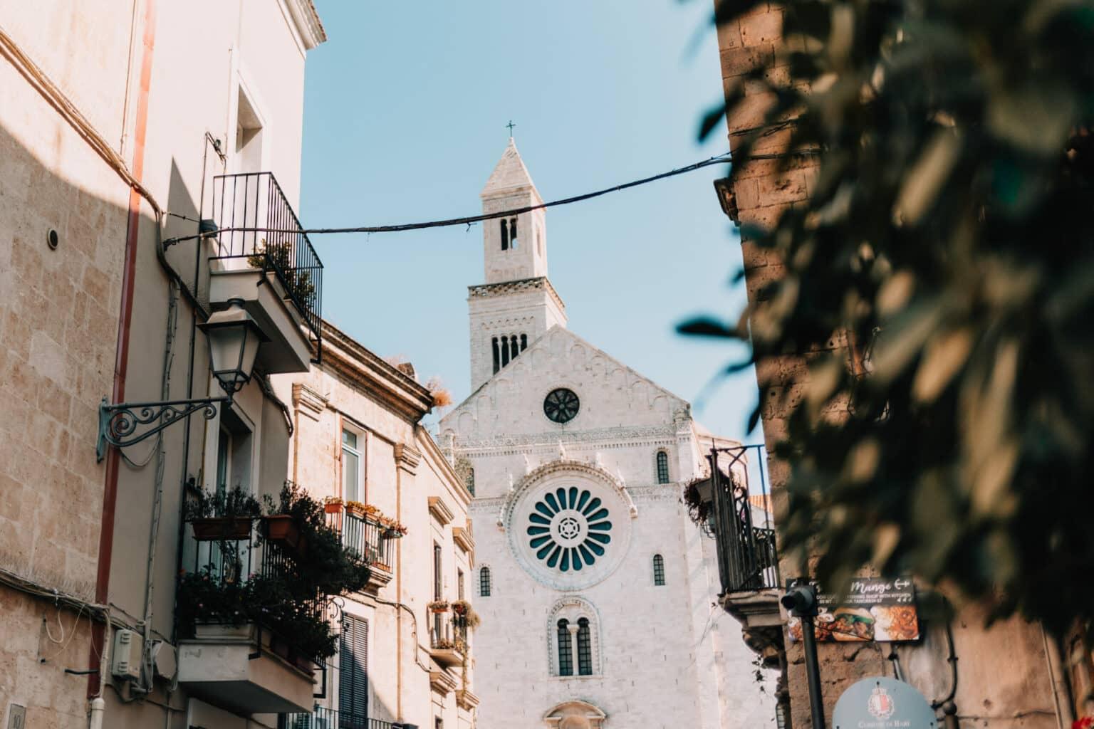 The San Sabino Cathedral shines in white in the old town of Bari.