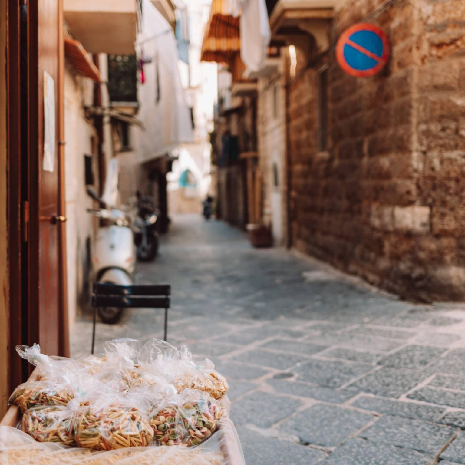 Pasta packed in plastic bags in a shop in the old town of Bari.