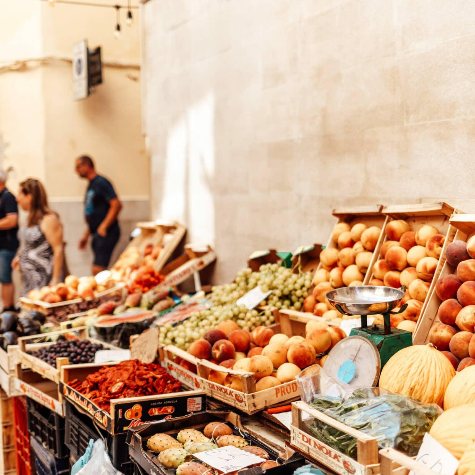 Colorful fruits and vegetables in Strada Arco Basso.