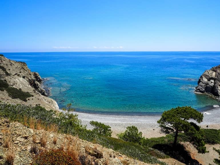 After a hike to Papa Minás Cove through olive groves and along the cliff coast, one is rewarded in Karpathos with a charming view of the sea.
