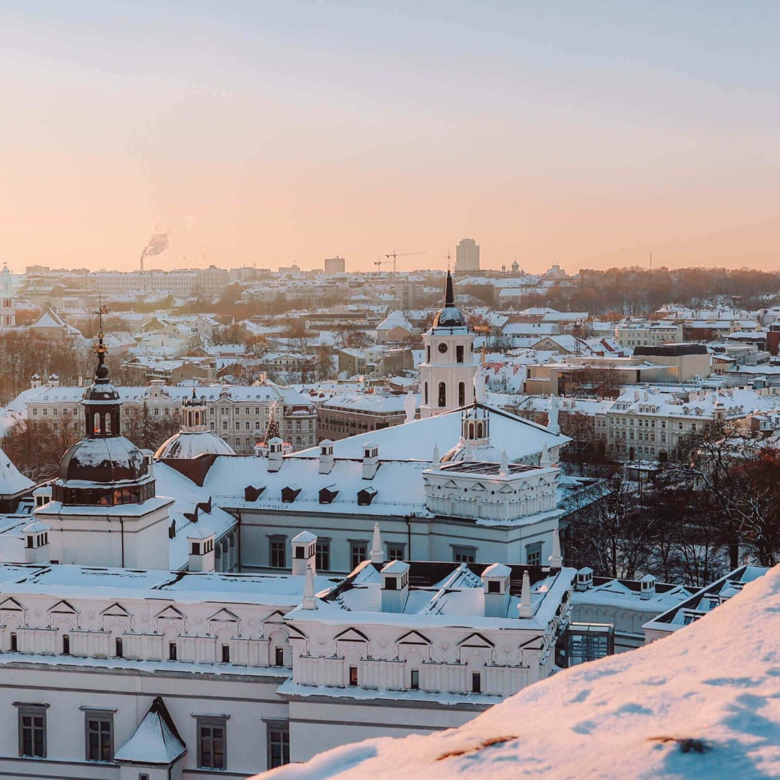 The panorama of Vilnius at sunset from Gediminas Tower.