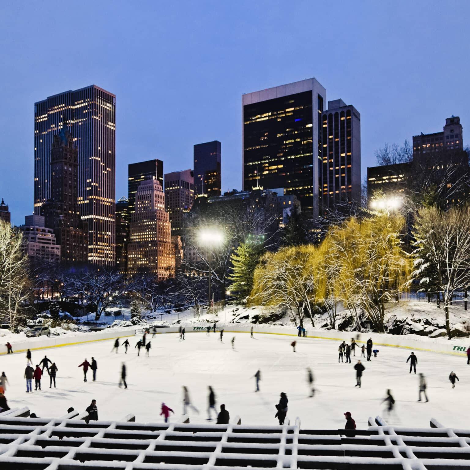 Many people enjoy skating on the large ice rink in New York's Central Park.