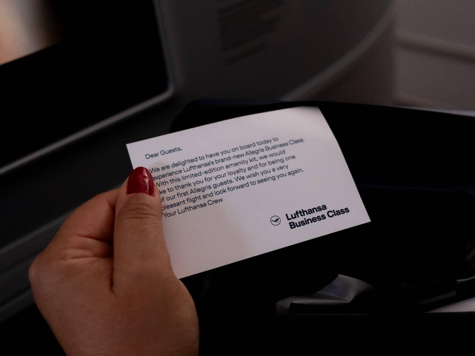 The message from the amenity kit of the Lufthansa Allegris Business Class.