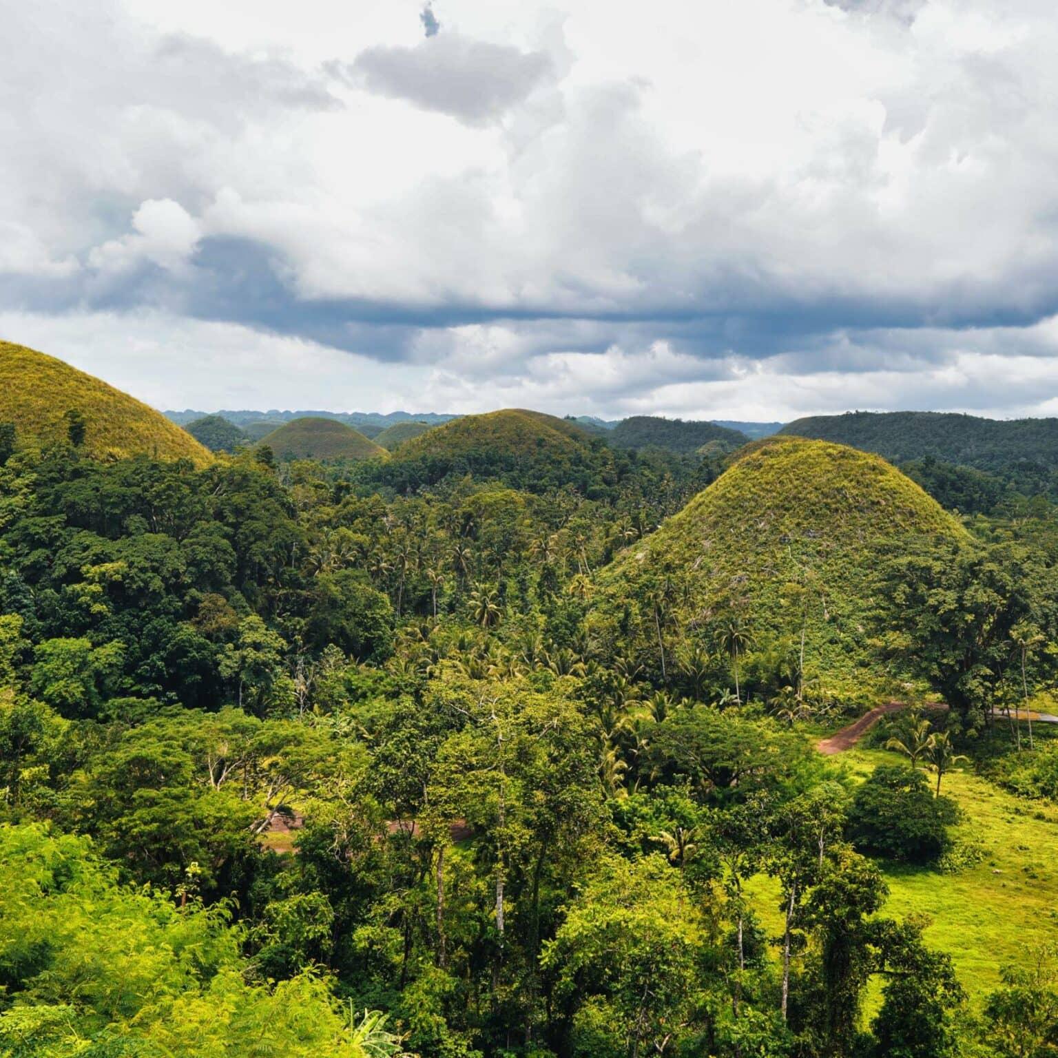 Diversas plantas y tonos de verde caracterizan las Chocolate Hills en Bohol.