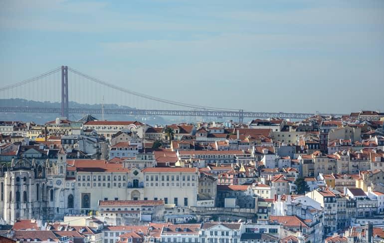 The bridge of Lisbon with the city in the foreground.