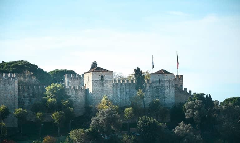 View of the castle with trees in the foreground.