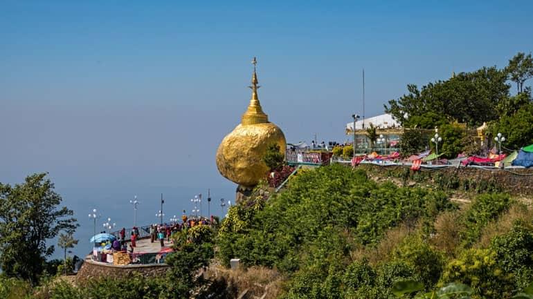 The golden rock perched on a hill in Kyaikto is one of Myanmar's largest Buddhist shrines.