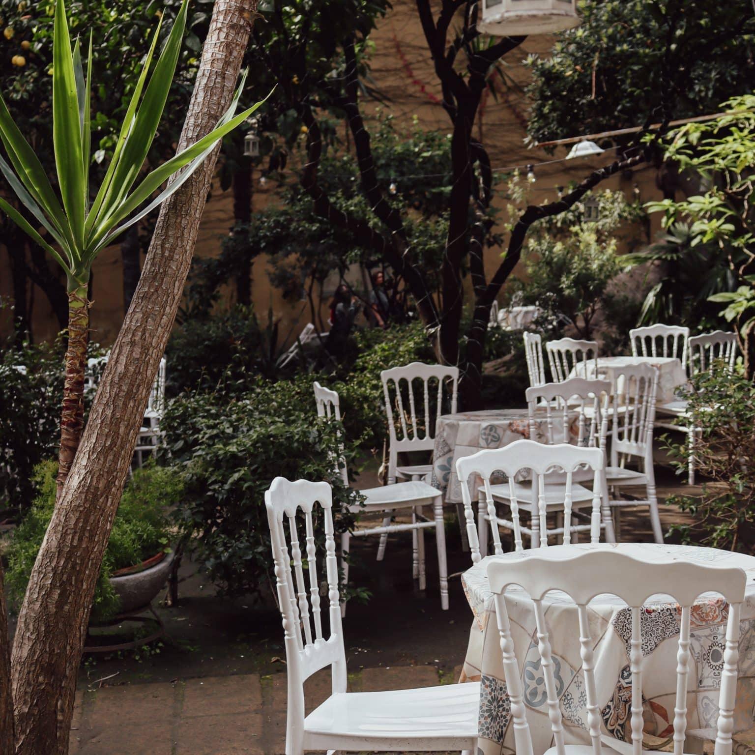 White café furniture lines a terrace surrounded by many trees and plants.