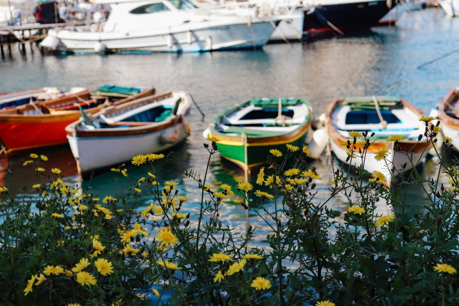 A few small brightly painted boats are anchored in turquoise water at Naples' marina.