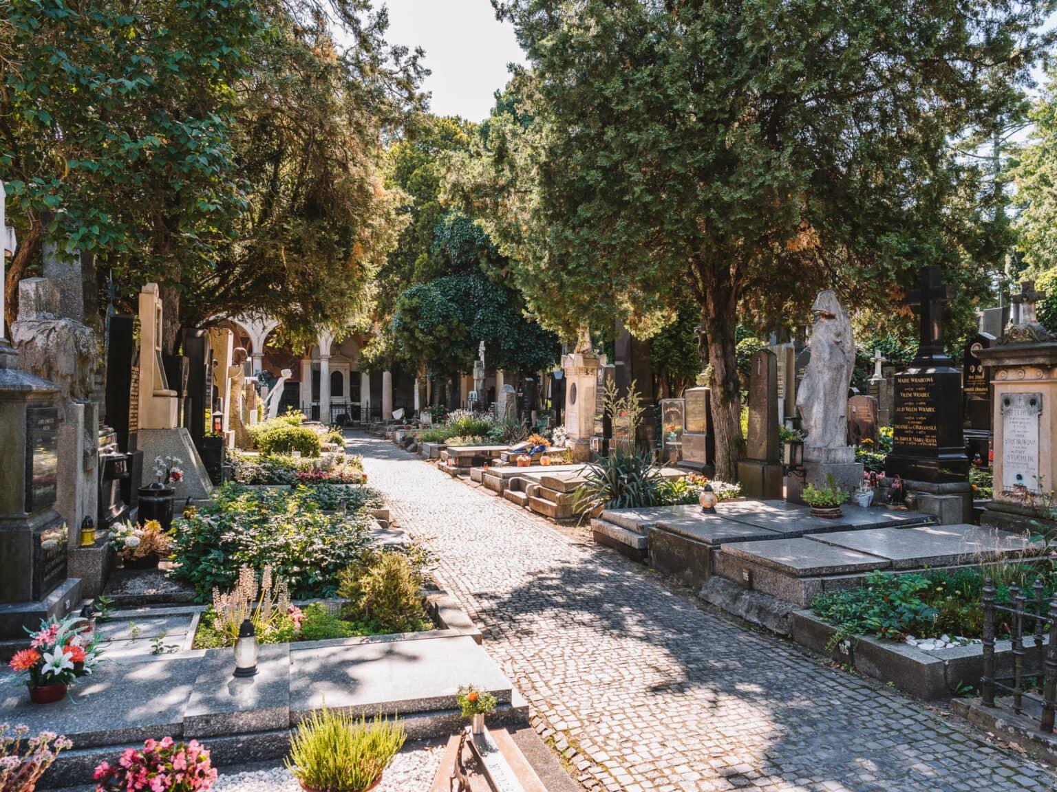 The Vysehrad Cemetery in Prague with ornate graves.
