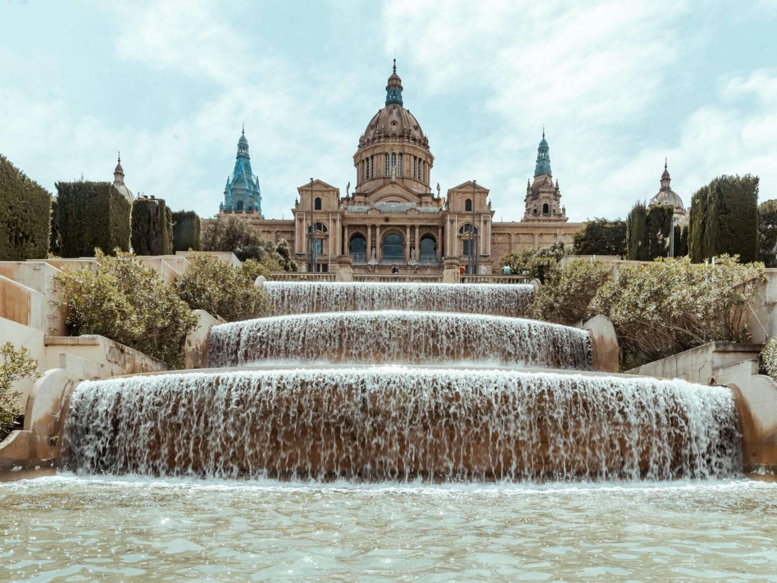 The Montjuïc Palau Nacional with its waterfall is a beautiful sight in Barcelona.