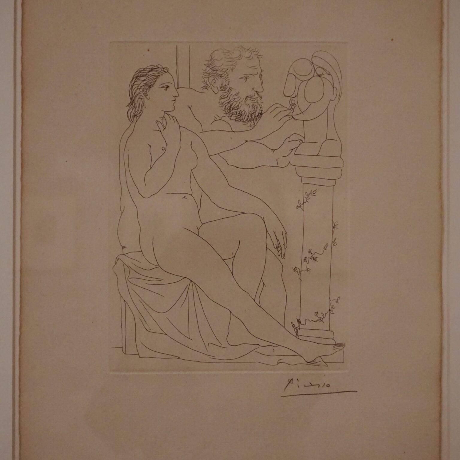 A sketch by Pablo Picasso from the Museu Picasso, showing a woman and a man. Both are naked and sitting in front of a column, on which there is a bust.
