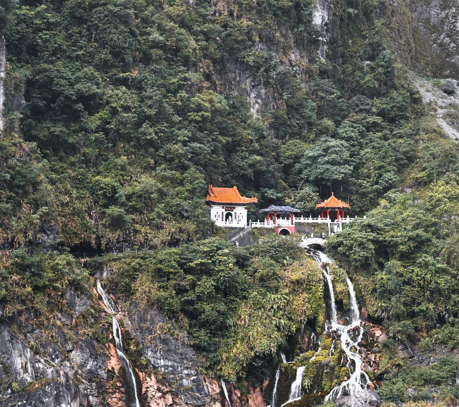 A temple nestled in the mountains of Taroko National Park in Taiwan.