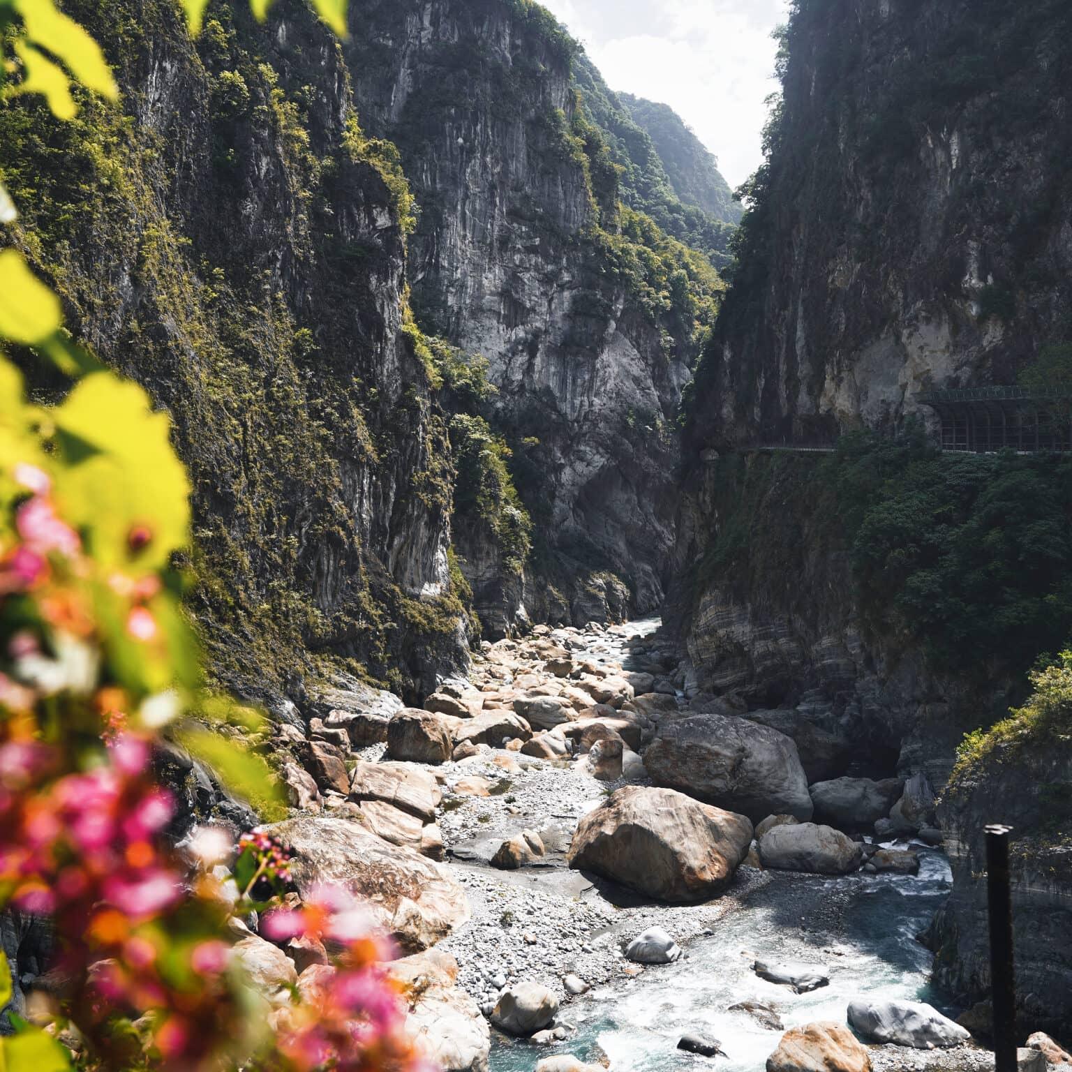 A river flows through the stony gorge in Taroko National Park in Taiwan.