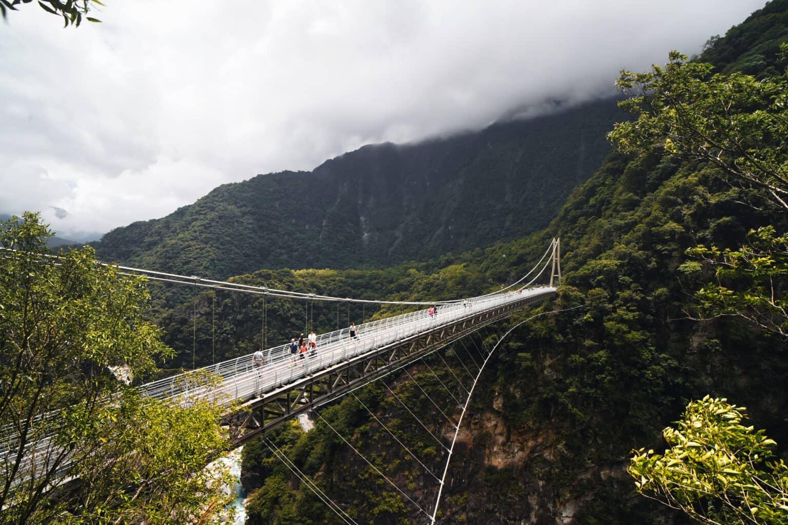 The Bulowan Suspension Bridge over the green gorges in Taroko National Park in Taiwan.