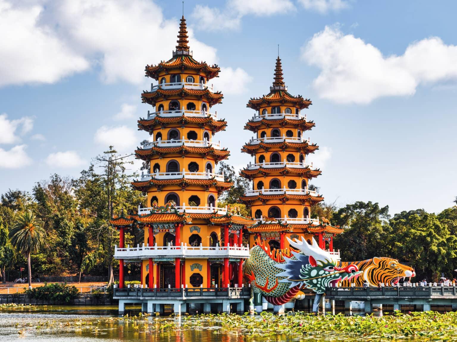 Two orange pagodas with a dragon and a tiger as entrance in Taiwan.