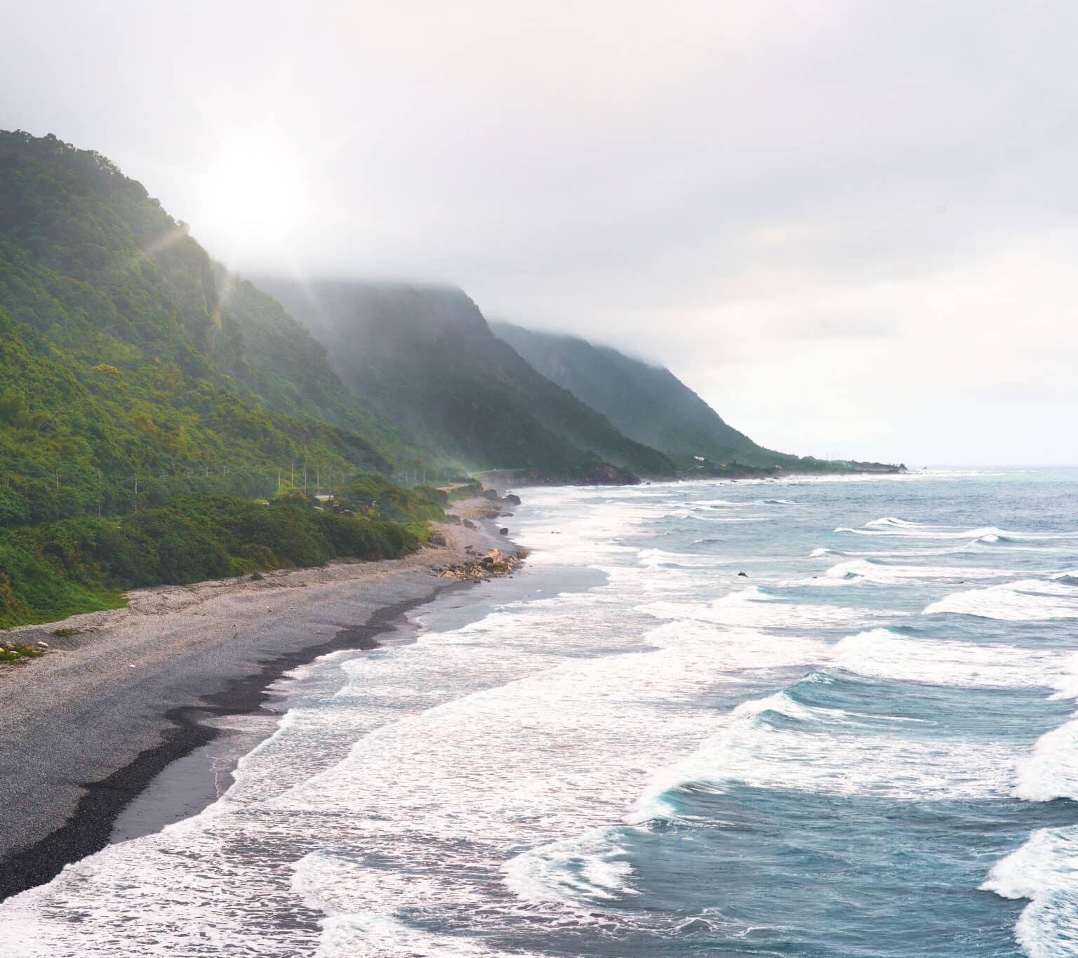 Green trees lead to a beach to the stunning wavy sea.
