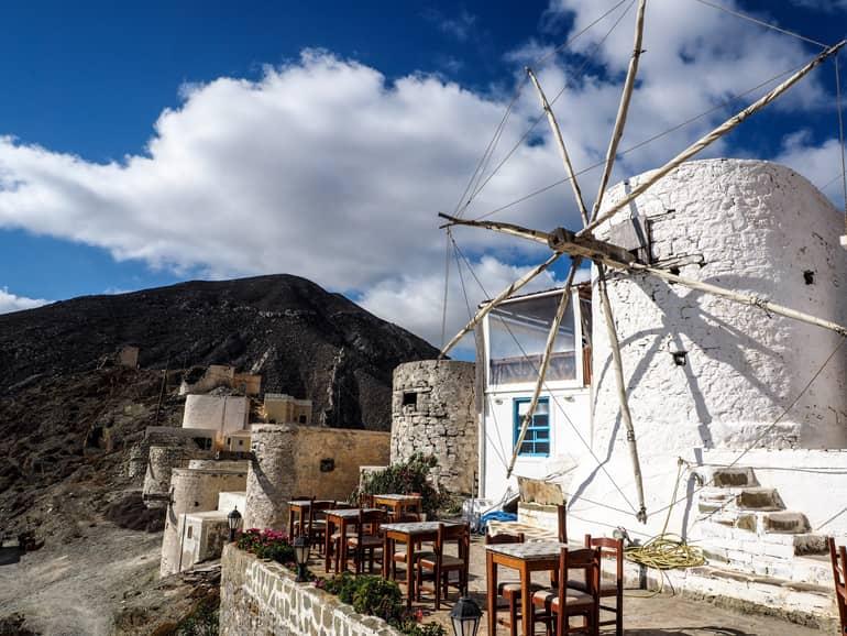 Windmills shape the landscape of Olympos.