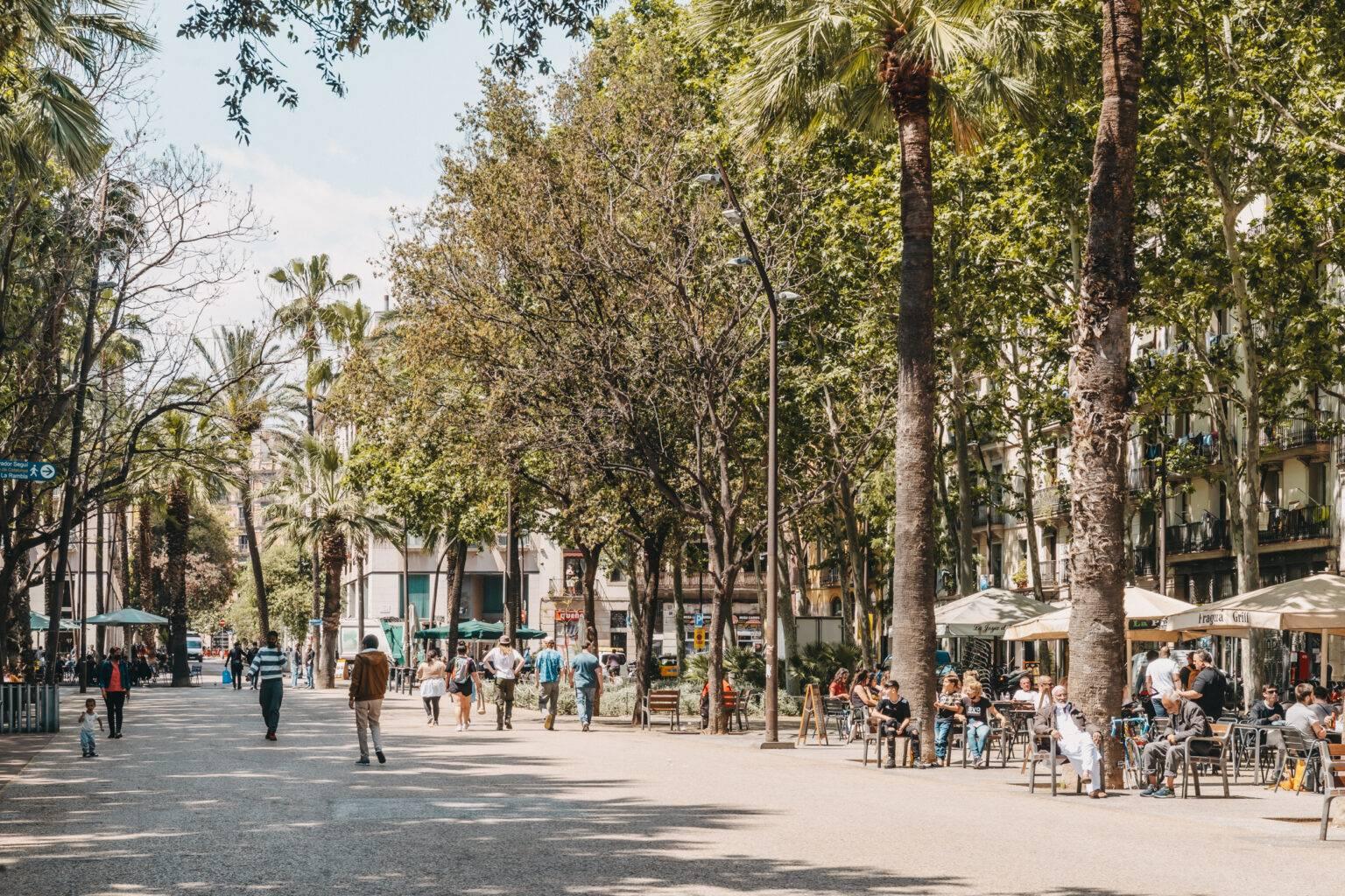 La Rambla de Raval, una zona peatonal bordeada de árboles y palmeras. A la derecha, personas sentadas en bancos y sillas a la sombra de varios parasoles.