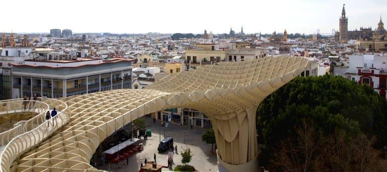 The Metropol Parasol is a mushroom-like wooden structure that offers a great panoramic view of Seville.