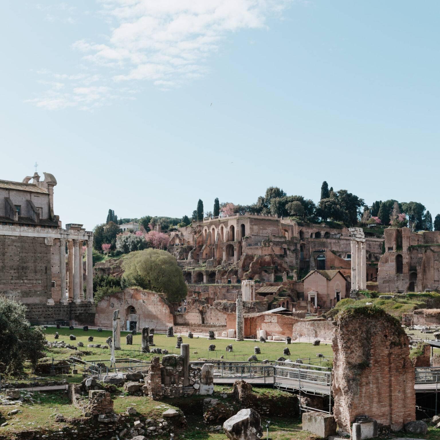View of the Roman Forum in Rome with ancient ruins, columns, and green hills in the background.