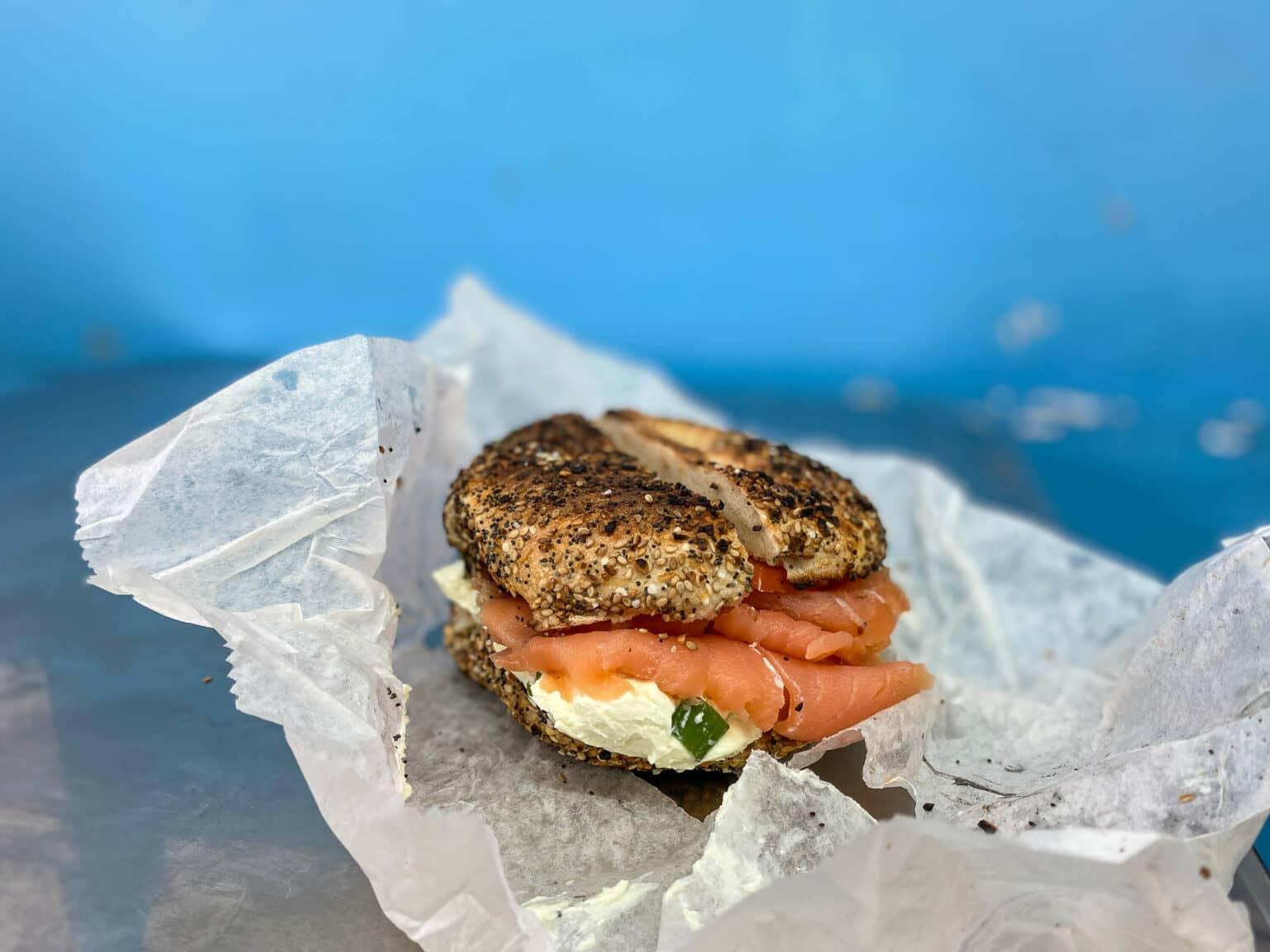 A bagel with cream cheese and salmon from Court Street Bagels in Brooklyn.