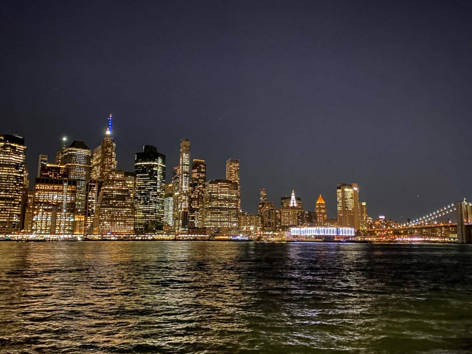 The Manhattan skyline at night from the Brooklyn Heights Promenade.