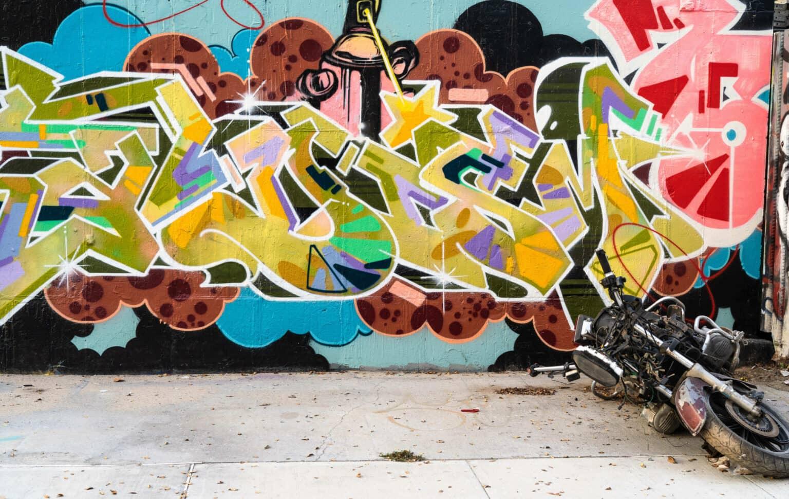 Colorful street art can be found on Morgan Avenue in Bushwick, a neighborhood of Brooklyn, New York.