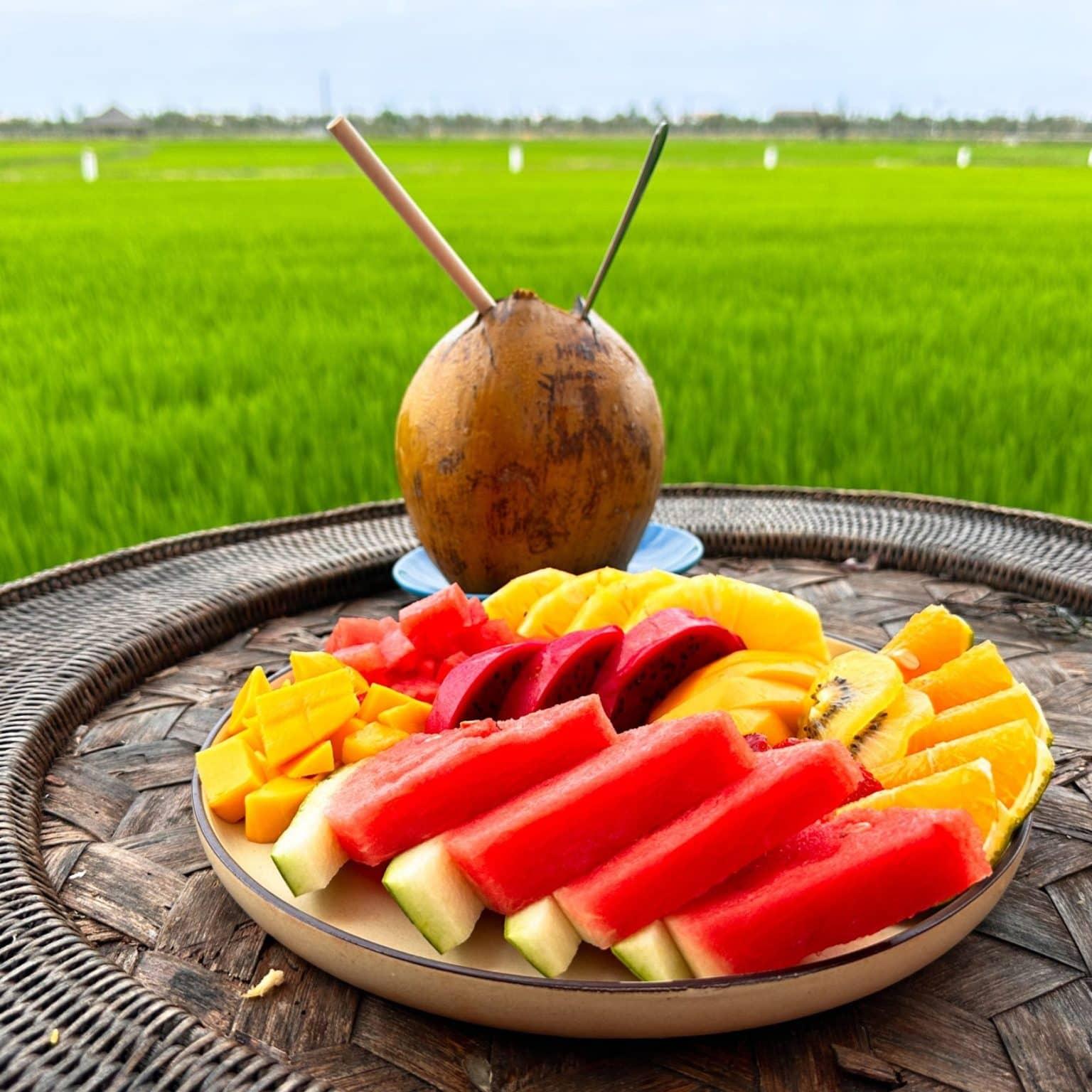 A fruit bowl and a drink in front of a rice plantation outside of Hoi An.