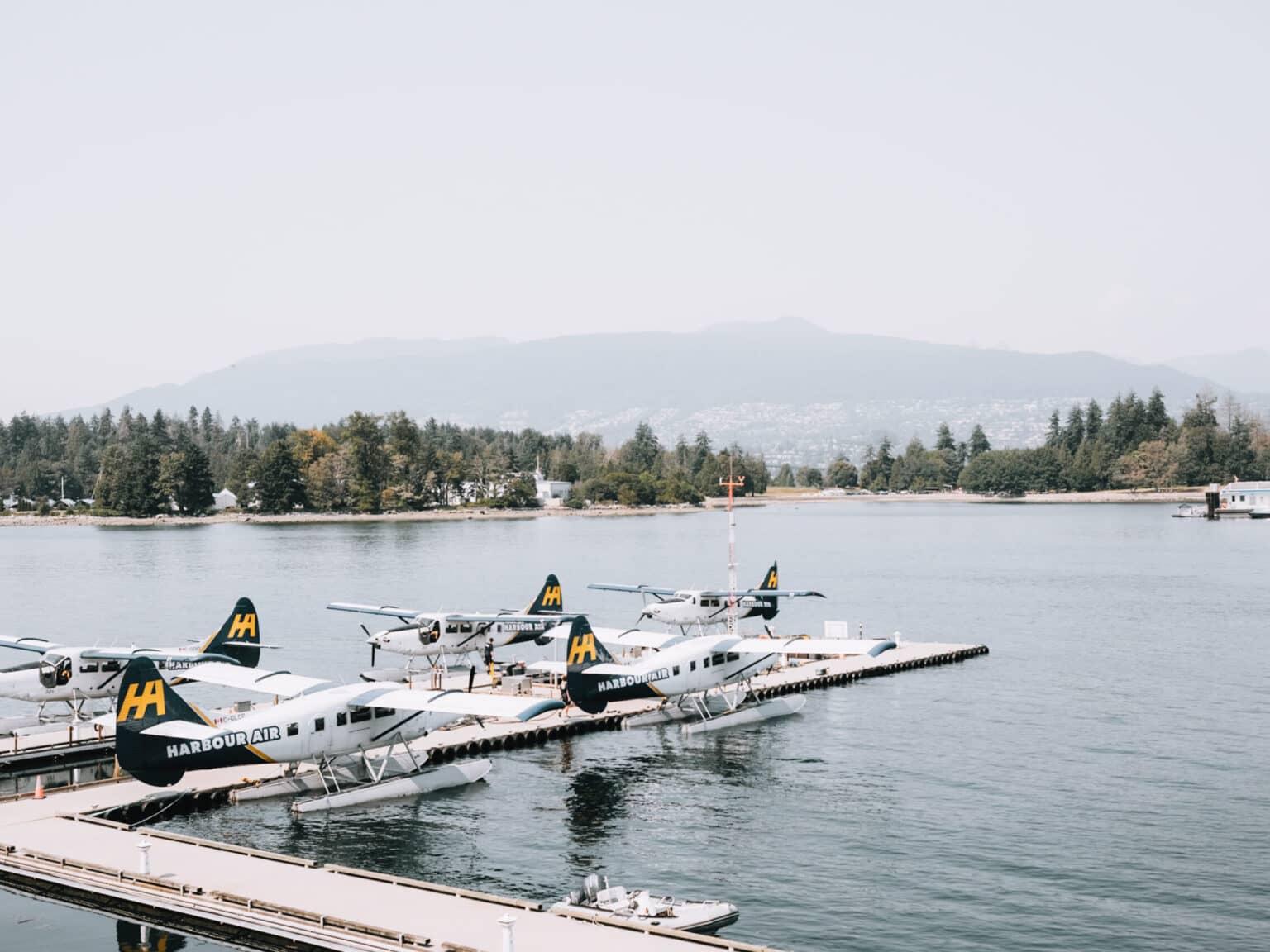 Several seaplanes are docked at a pier in the water.