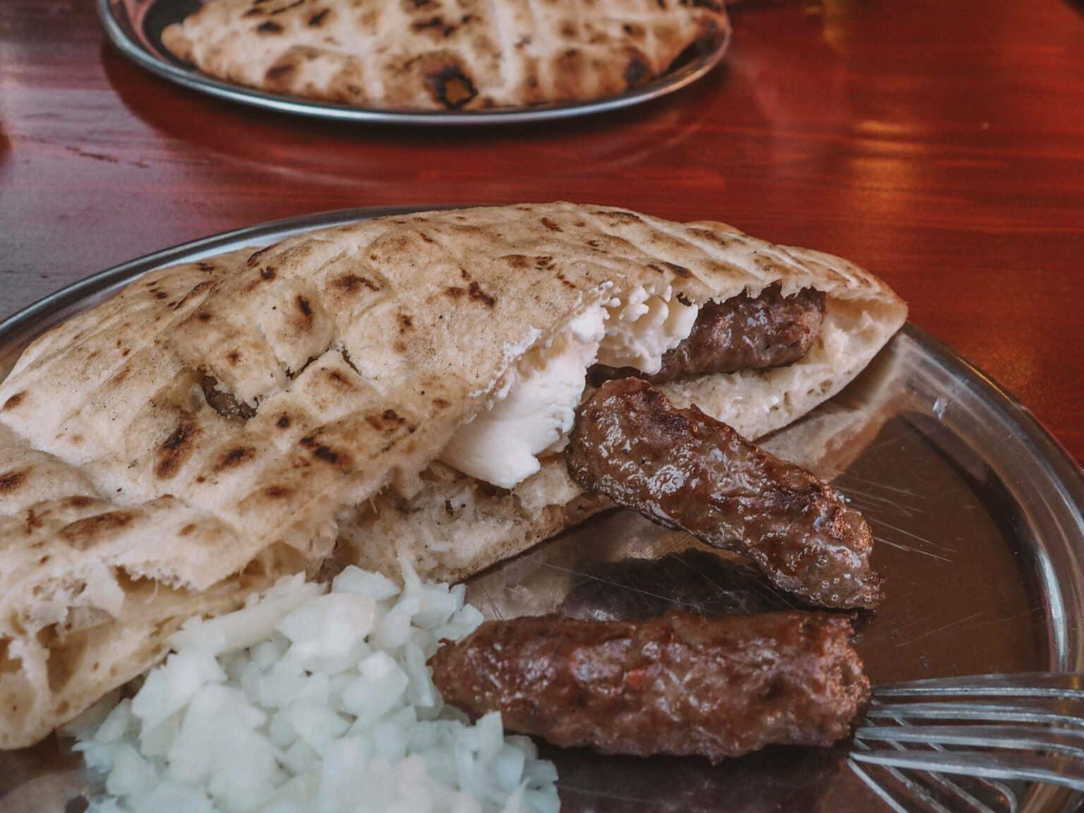 Bosnian national dish Ćevapčići at the restaurant Ćevabdžinica Željo in Sarajevo.