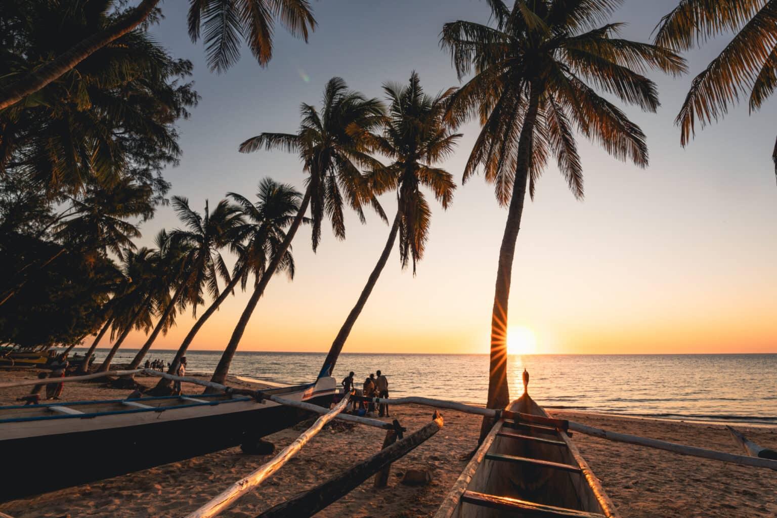 Wooden boats at the palm-fringed beach of Ifaty in Madagascar.