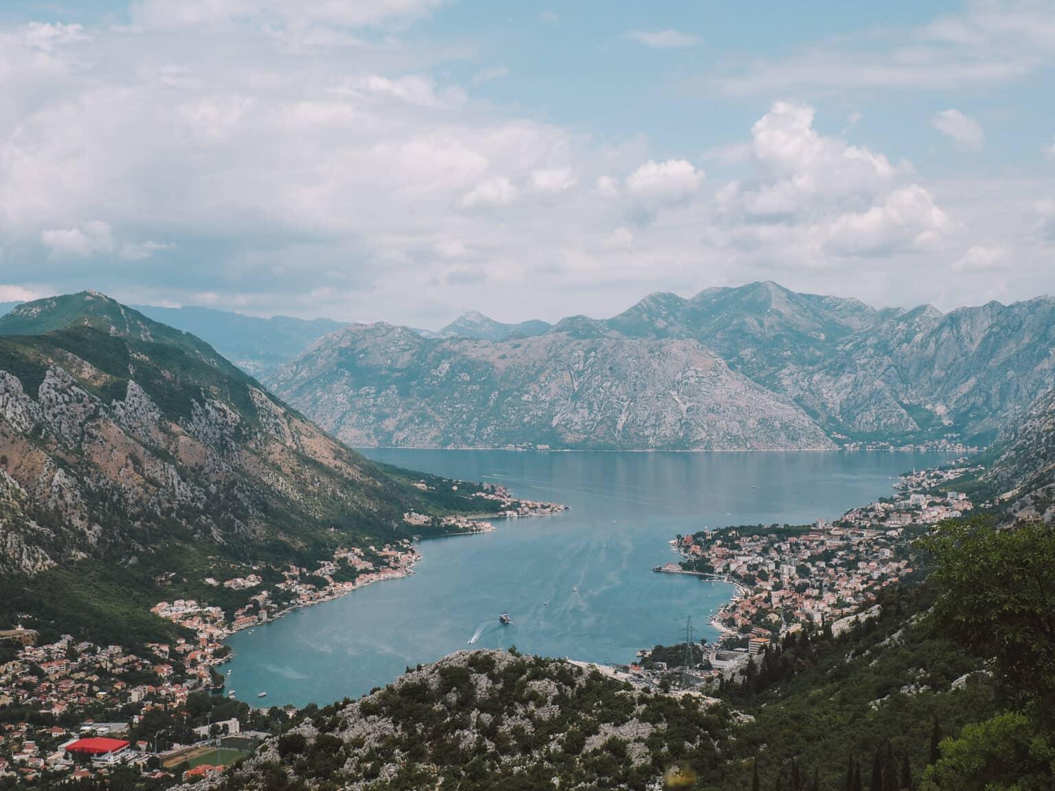 Picturesque Kotor Fjord nestled between the hills.