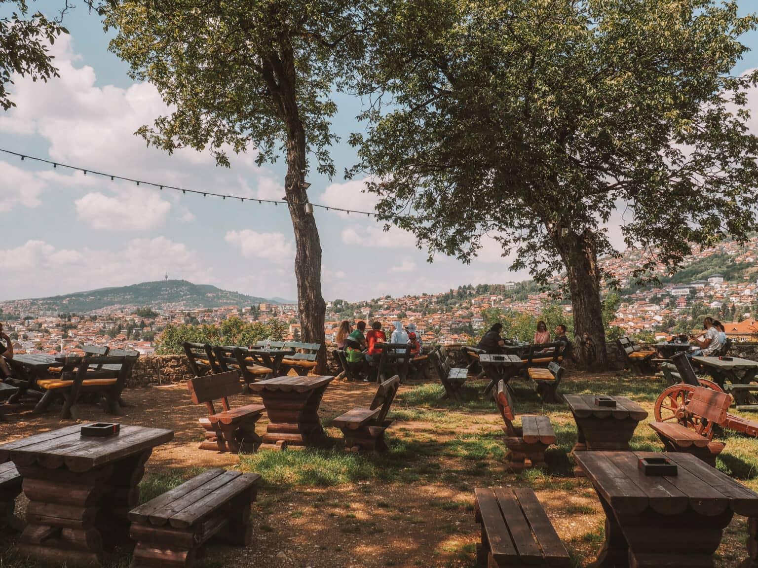 In the yellow fortress in Sarajevo, seating invites you to linger and enjoy the view.