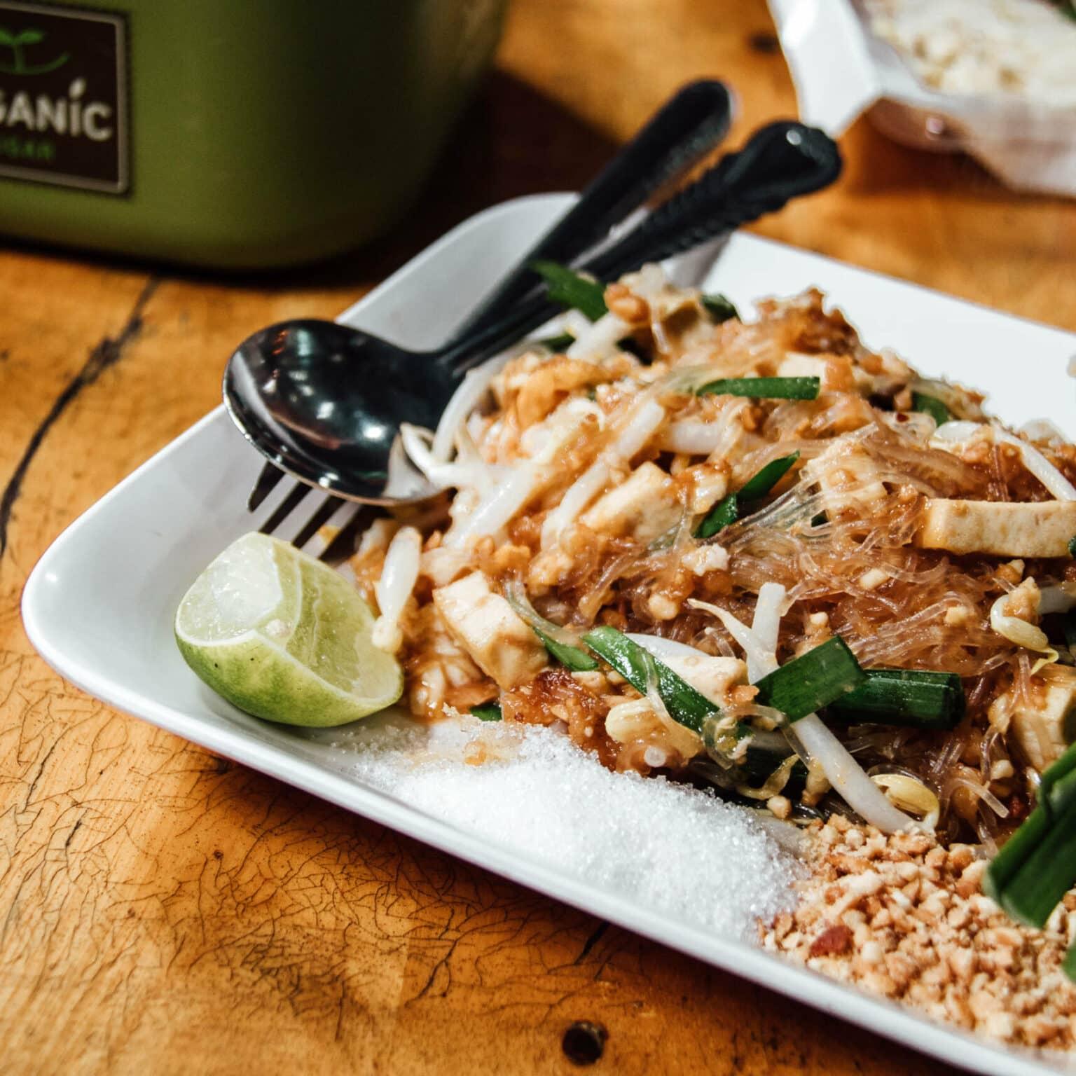 The Thai street food dish Pad Thai plated up.