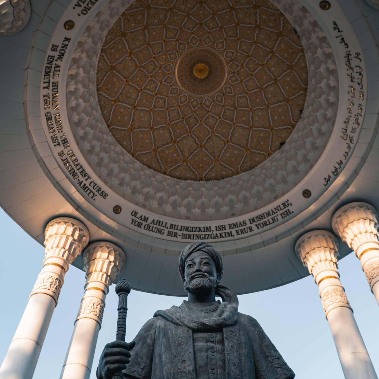 Alisher Navoi statue under a richly decorated pavilion