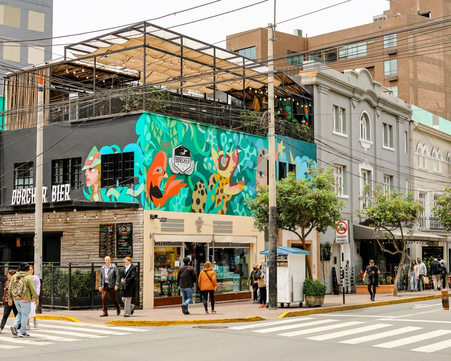 Colorful graffiti can be seen everywhere in Lima, whether on apartment buildings or café walls.