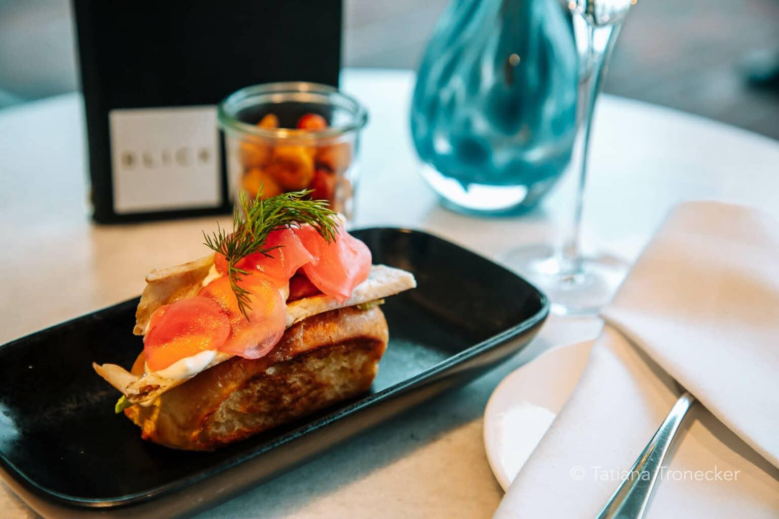 A brioche topped with fish from the Blick Bar in Hamburg.
