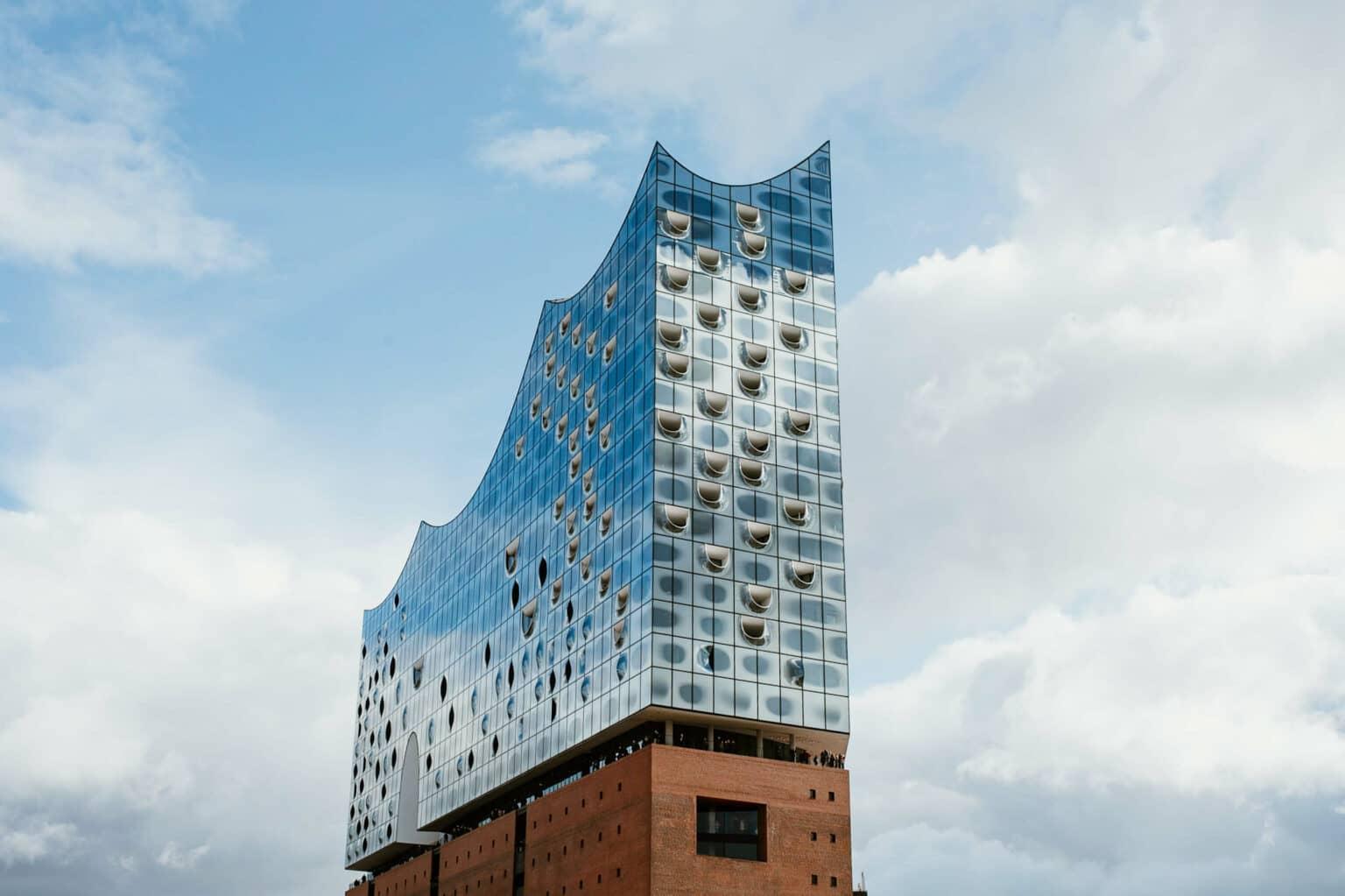 The Elbphilharmonie in Hamburg viewed from below.