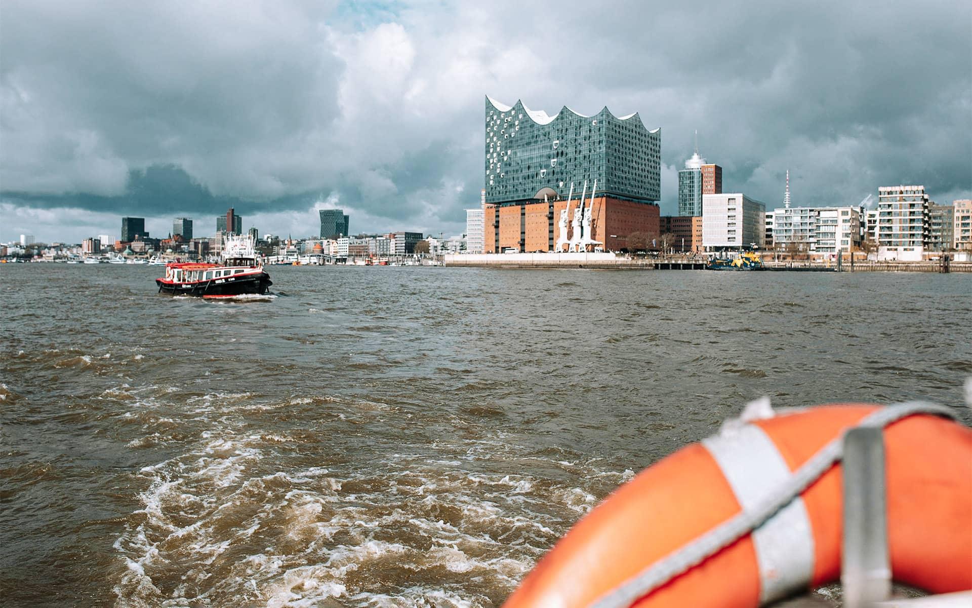 View of the Elbphilharmonie in Hamburg from a boat.