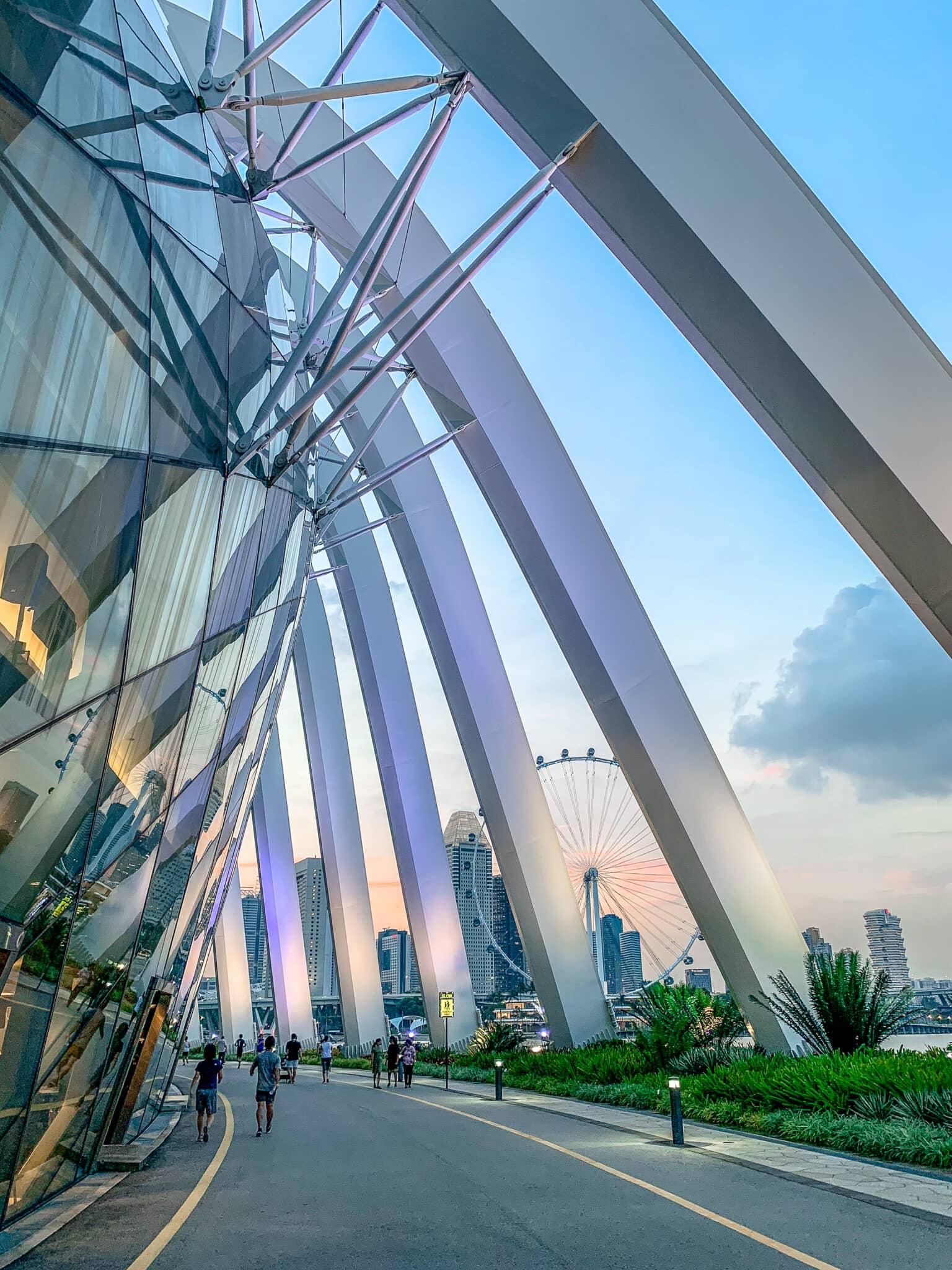 Pasando por un edificio futurista, la vista se dirige hacia la noria Singapore Flyer.