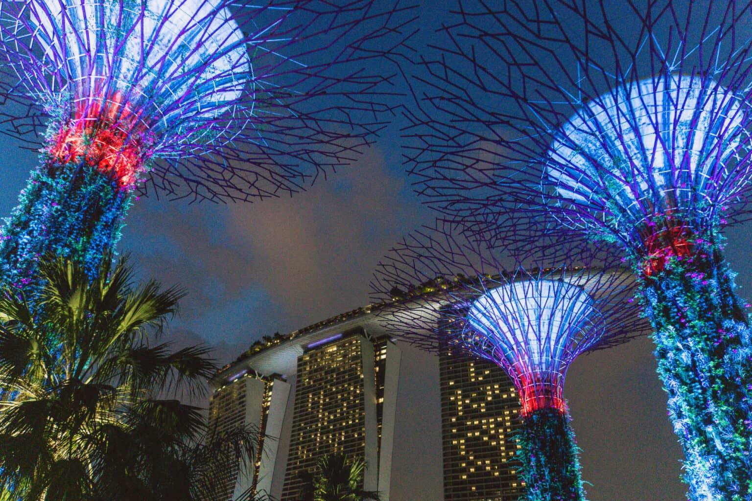 Árboles artificiales que brillan en la noche con luces de colores - los "Supertrees" en Singapur.