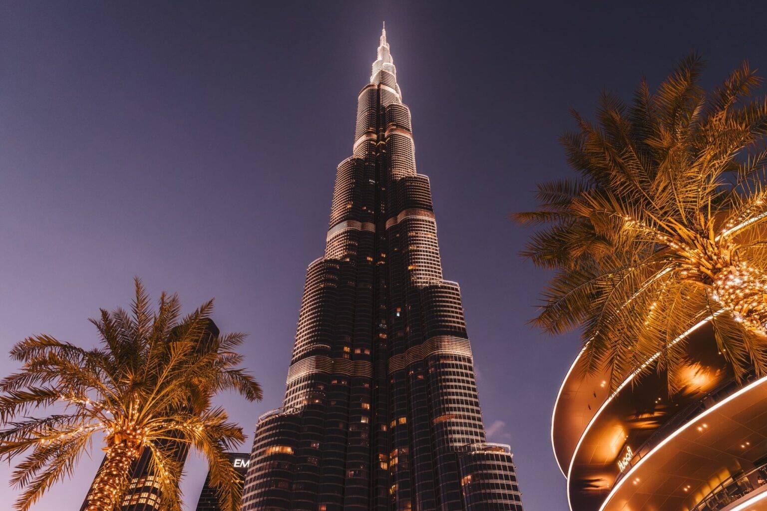 The Burj Khalifa in Dubai at night.
