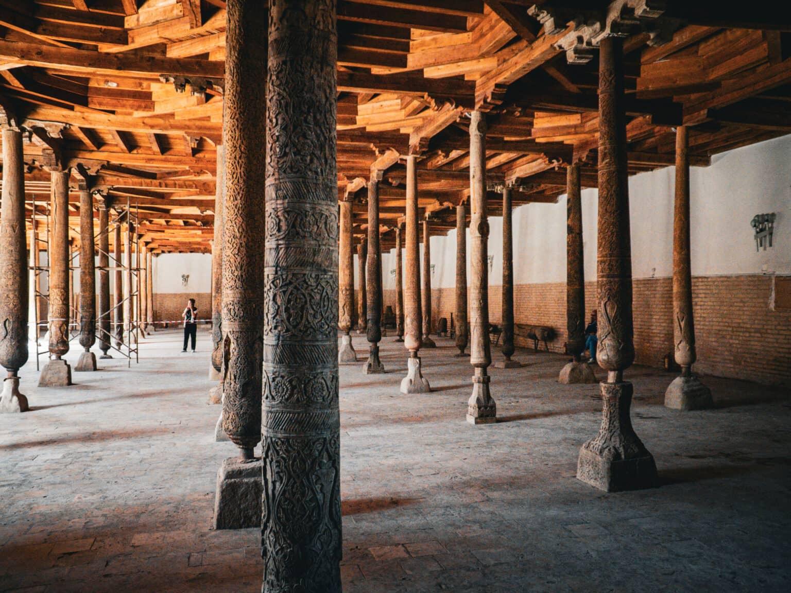 Juma Mosque in Khiva with hand-carved wooden pillars